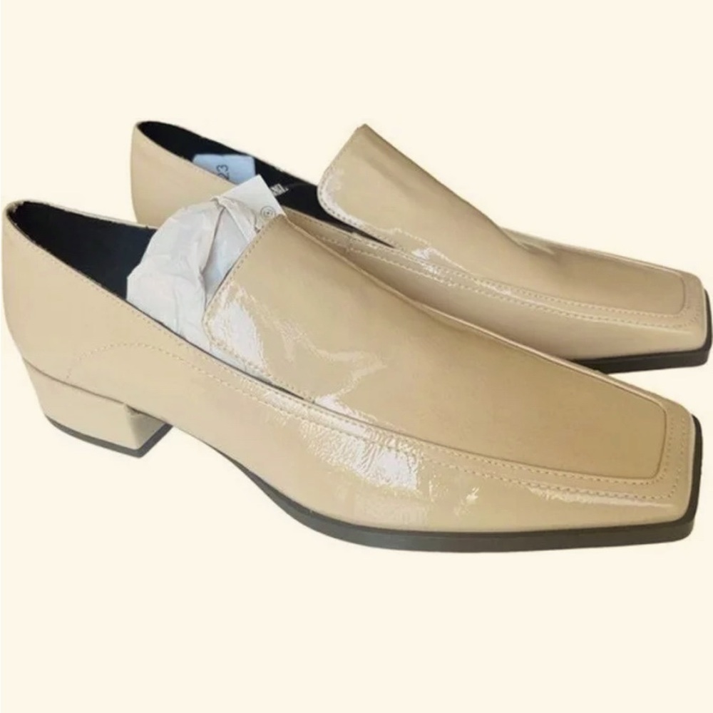Zara Patent Leather Square-Toe Loafers in Beige
